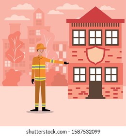 Firefighter man and house design, Working occupation person job corporate employee and service theme Vector illustration