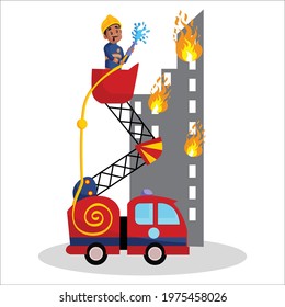 Firefighter man is standing on the fire truck ladder and holding a water pipe. Vector graphic illustration. Individually on white background.