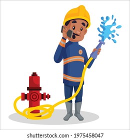 Firefighter man is talking on the phone. Vector graphic illustration. Individually on white background.