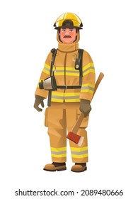 Firefighter man wearing protective uniform and helmet holding an ax in hand. Full length fireman with equipment a white background. Vector illustration in cartoon style