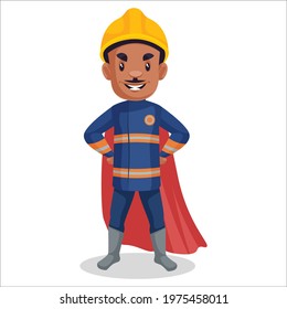 Firefighter man is wearing a superhero cape. Vector graphic illustration. Individually on white background.
