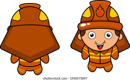 firefighter mascot cartoon character illustration, front and back view in chibi design style