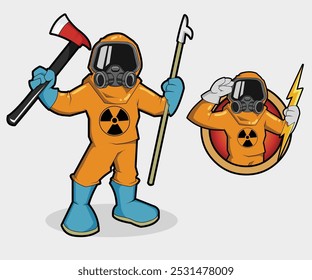 Firefighter mascot character wearing a cool costume and carrying complete equipment for rescue