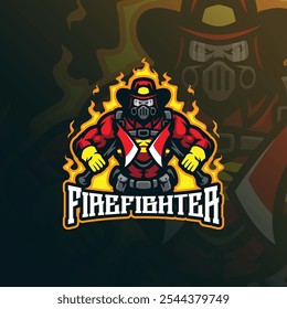 Firefighter mascot logo design with modern illustration concept style for badge, emblem and t shirt printing. Strong firefighter illustration.