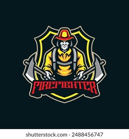 Firefighter mascot logo design vector with modern illustration concept style for badge, emblem and t shirt printing. Firefighter illustration with ax in hand.