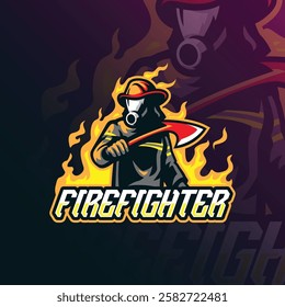 Firefighter mascot logo design vector with modern illustration concept style for badge, emblem and t shirt printing. Firefighter illustration with ax in hand.