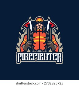 Vetor de design de logotipo de mascote de bombeiro. Ilustração de bombeiro com machado na mão.