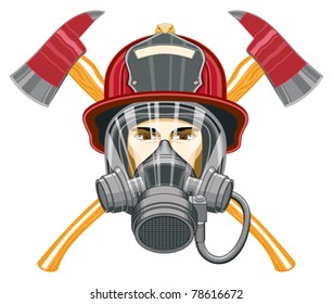 Firefighter with Mask and Axes is an illustration of the head of a firefighter with a mask on and axes behind him.