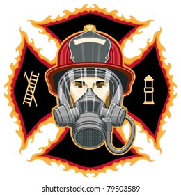 Firefighter with Mask and Axes is an illustration of the head of a firefighter with a helmet and mask in front of a cross.