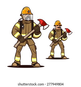 firefighter in mask standing with the firefighter axe