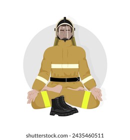 Ilustración de un hombre meditando sentado en el suelo. Un oficial de los servicios de emergencia con los ojos cerrados se sienta en una pose de loto yoga, resaltada sobre un fondo gris redondo. El concepto de negocio de 