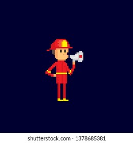 Firefighter with a megaphone. Pixel art. Old school computer graphic. 8 bit video game. Game assets 8-bit sprite.