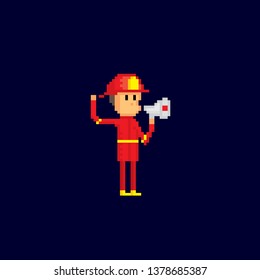 Firefighter with a megaphone. Pixel art. Old school computer graphic. 8 bit video game. Game assets 8-bit sprite.