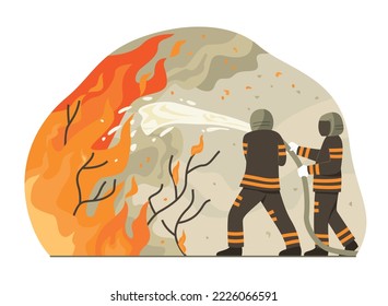 Firefighter Men Staff Extinguish Wildfire by Spraying Water