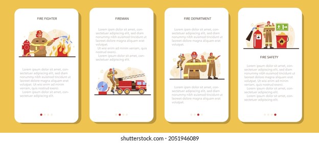 Firefighter mobile application banner set. Professional fire brigade fighting with flame. Fire department worker wearing a uniform holding a hydrant hose, watering fire. Flat vector illustration