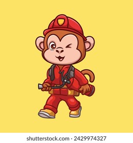 Firefighter Monkey Cute Cartoon Illlustration