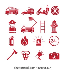 Firefighter Monochrome Icons Set, Emergency, Equipment and Vehicle