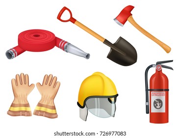 Firefighter most necessary equipment and protective uniform elements isolated realistic vector illustrations set on white background.