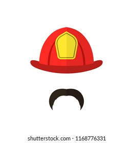 Firefighter with mustache wearing helmet. Men icon isolated on white background. Fire Department emblem. Vector illustration.