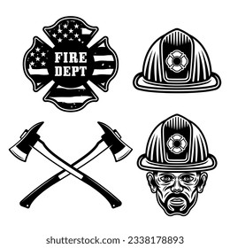 Firefighter objects set of vector elements in vintage monochrome style