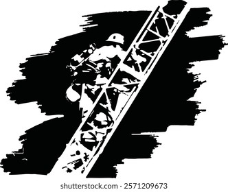 Firefighter on ladder stencil with painted background.	