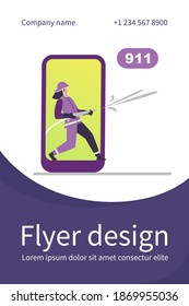 Firefighter on smartphone screen holding fire hose. Water, phone, rescue flat vector illustration. Emergency service and digital technology concept for banner, website design or landing web page
