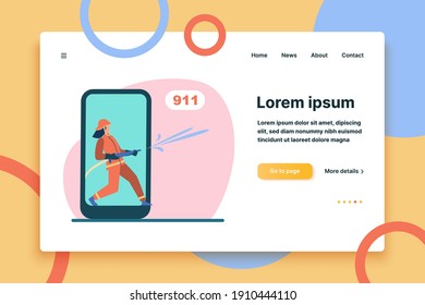 Firefighter on smartphone screen holding fire hose. Water, phone, rescue flat vector illustration. Emergency service and digital technology concept for banner, website design or landing web page