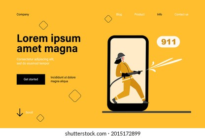 Firefighter on smartphone screen holding fire hose. Water, phone, rescue flat vector illustration. Emergency service and digital technology concept for banner, website design or landing web page