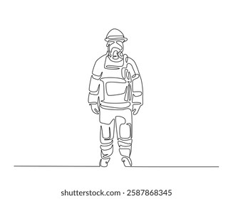 Firefighter one line drawing illustration. Firefighter with uniform monoline design.  