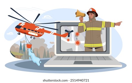 Servicio en línea de bomberos. Hombre en uniforme de protección con altavoz en la pantalla del ordenador. Helicóptero extingue el fuego en el bosque. Desastre y emergencia. Ilustración vectorial plana