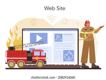 Servicio o plataforma en línea para bomberos. Brigada de bomberos luchando con llama. Trabajador del departamento de bomberos sosteniendo una manguera hidrante. Sitio web. Ilustración del vector