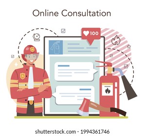 Firefighter online service or platform. Professional fire brigade fighting with flame. Character holding a hydrant hose. Online consultation. Flat vector illustration