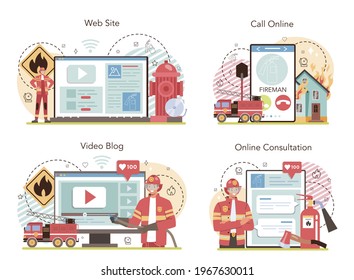 Firefighter online service or platform set. Professional fire brigade