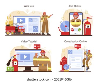 Firefighter online service or platform set. Fire brigade fighting with flame. Fire department worker holding a hydrant hose. Online consultation, call, video tutorial, website. Vector illustration