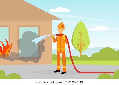 Firefighter in Orange Uniform and Protective Helmet with Hose Extinguishing Fire in House Vector Illustration