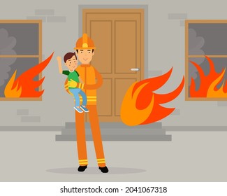 Firefighter in Orange Uniform and Protective Helmet Carrying Kid Away from Burning House Vector Illustration