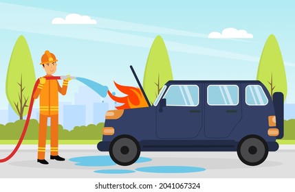 Firefighter in Orange Uniform and Protective Helmet with Hose Extinguishing Fire in Car Engine Vector Illustration