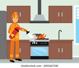 Firefighter in Orange Uniform and Protective Helmet with Fire Extinguisher Near Burning Oven Vector Illustration