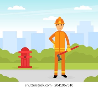 Firefighter in Orange Uniform and Protective Helmet Near Fire Hydrant with Hatchet Vector Illustration