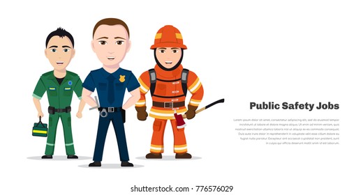 Firefighter, Paramedic And Police Officer. Emergency Service Specialists, Public Safety Worker Characters Isolated On White Background.