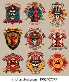 Firefighter patches set. Badges with skulls in helmets, axes, hydrant, red heraldry with ribbons. Colored vector illustrations collection for firemen, fire department, rescue concept
