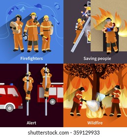 Firefighter people 2x2 design compositions of firefighters crew alerting wildfire and saving people flat vector illustration  