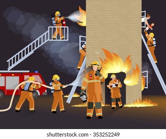 Firefighter people design concept with fire truck burning house  and  brigade saving child flat vector illustration