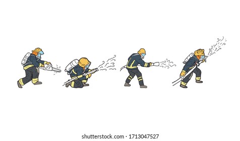 Firefighter people set, hand drawn colored illustration. Brave heroes saving lives and protecting nature. Fireman fighting fire in full equipment and uniform with mask and helmet, pen drawing symbol.