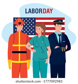 firefighter pilot man and doctor woman with usa flag design, Labor day holiday and patriotic theme Vector illustration