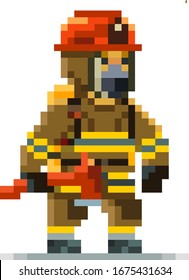 Firefighter Pixel Art Character Isolated on White Background