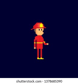 Firefighter. Pixel art. Old school computer graphic. 8 bit video game. Game assets 8-bit sprite.