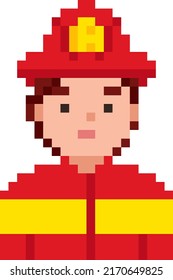 Ilustración del estilo de juego de píxeles de extinción de incendios. Diseño de arte de píxeles vectoriales. icono de 8 bits de caracteres de personas. Fireman aislado en un fondo blanco.