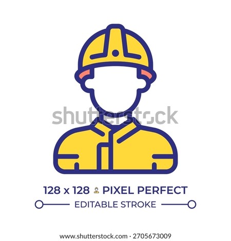 Firefighter pixel perfect line color icon. First responder trained to extinguish fires. Brave fireman emergency team. Isolated vector illustration. Flat colorful symbol design. Editable stroke