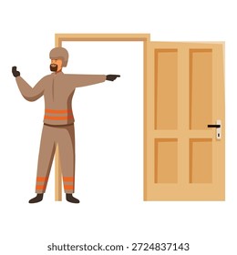 Bombero señalando a la puerta abierta, guiando a la gente a la seguridad durante el simulacro de incendio, haciendo hincapié en la importancia de la preparación para emergencias